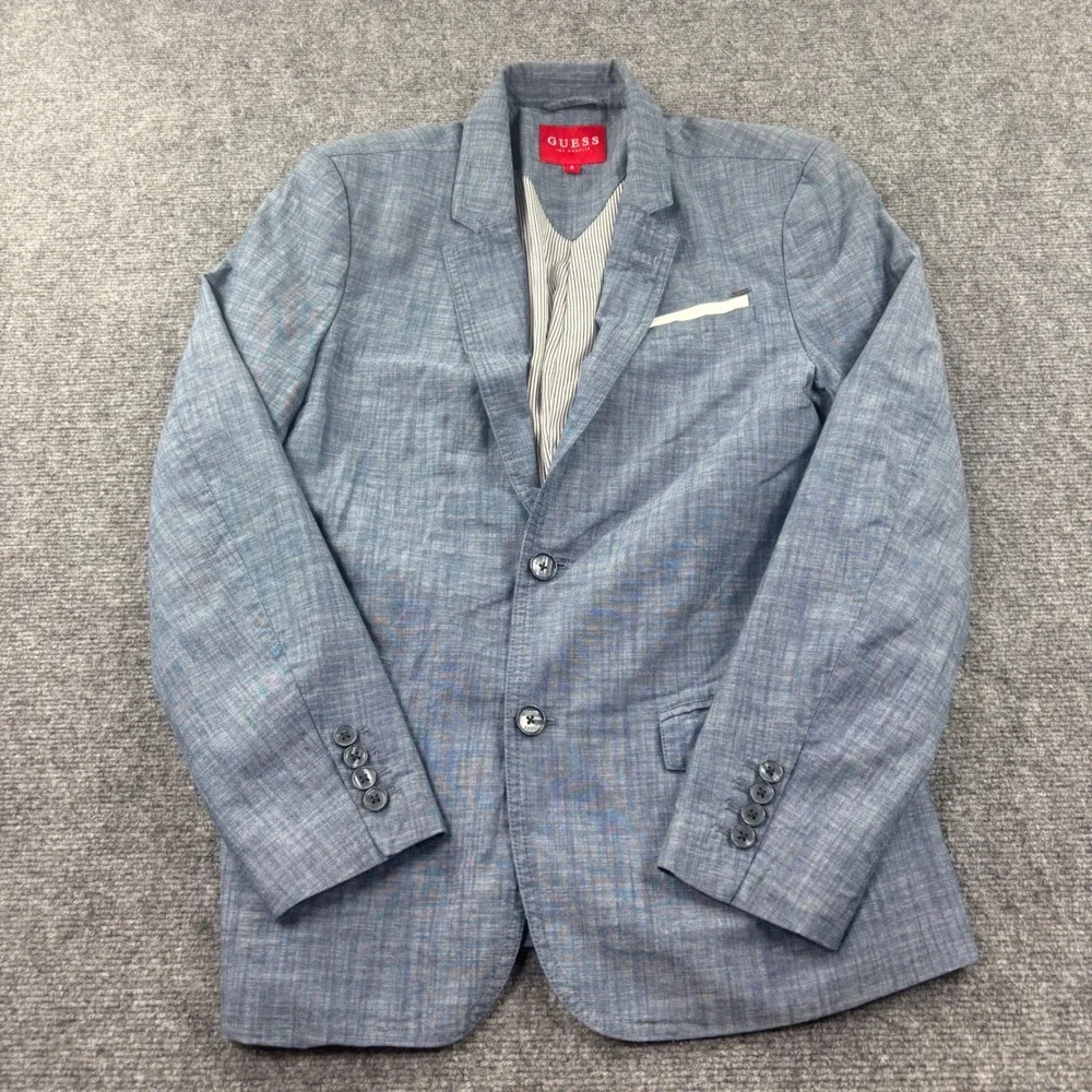 Guess Blazer Size Medium Blue Chambray Cotton Two Button Sport Coat Mens